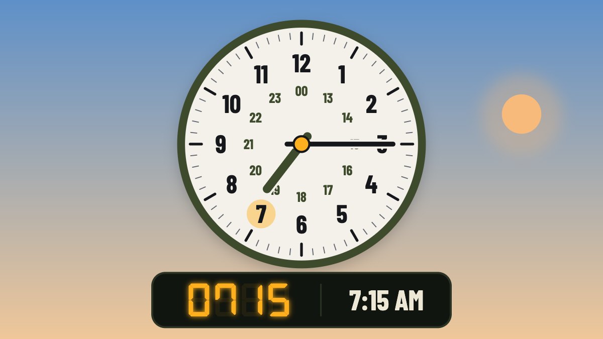 A clock face showing 7:15, above a display reading 0715 and 7:15 AM