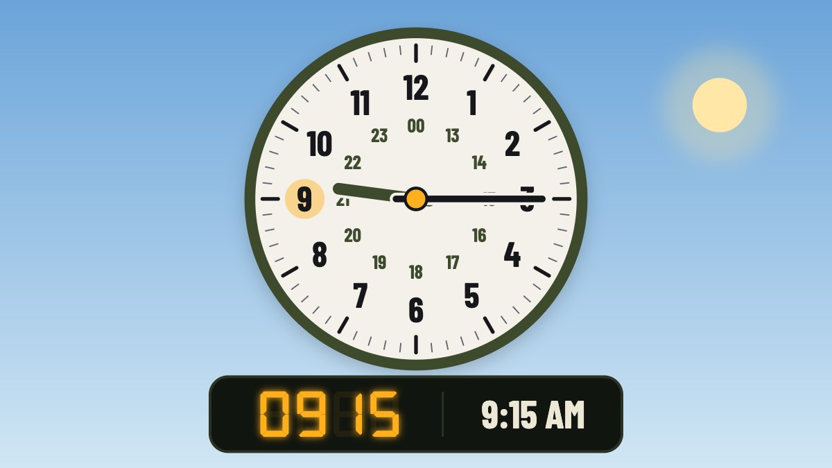 A clock face showing 9:15, beside a display reading 0915 and 9:15 AM