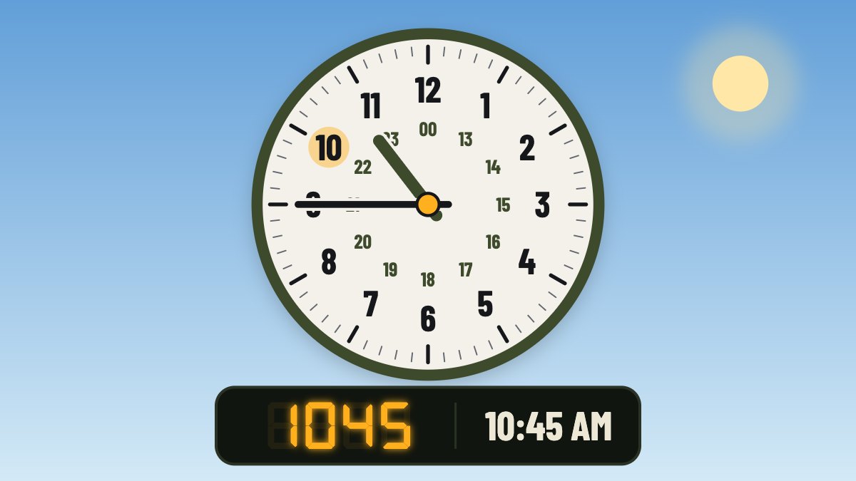 A clock face showing 10:45, above a display reading 1045 and 10:45 AM